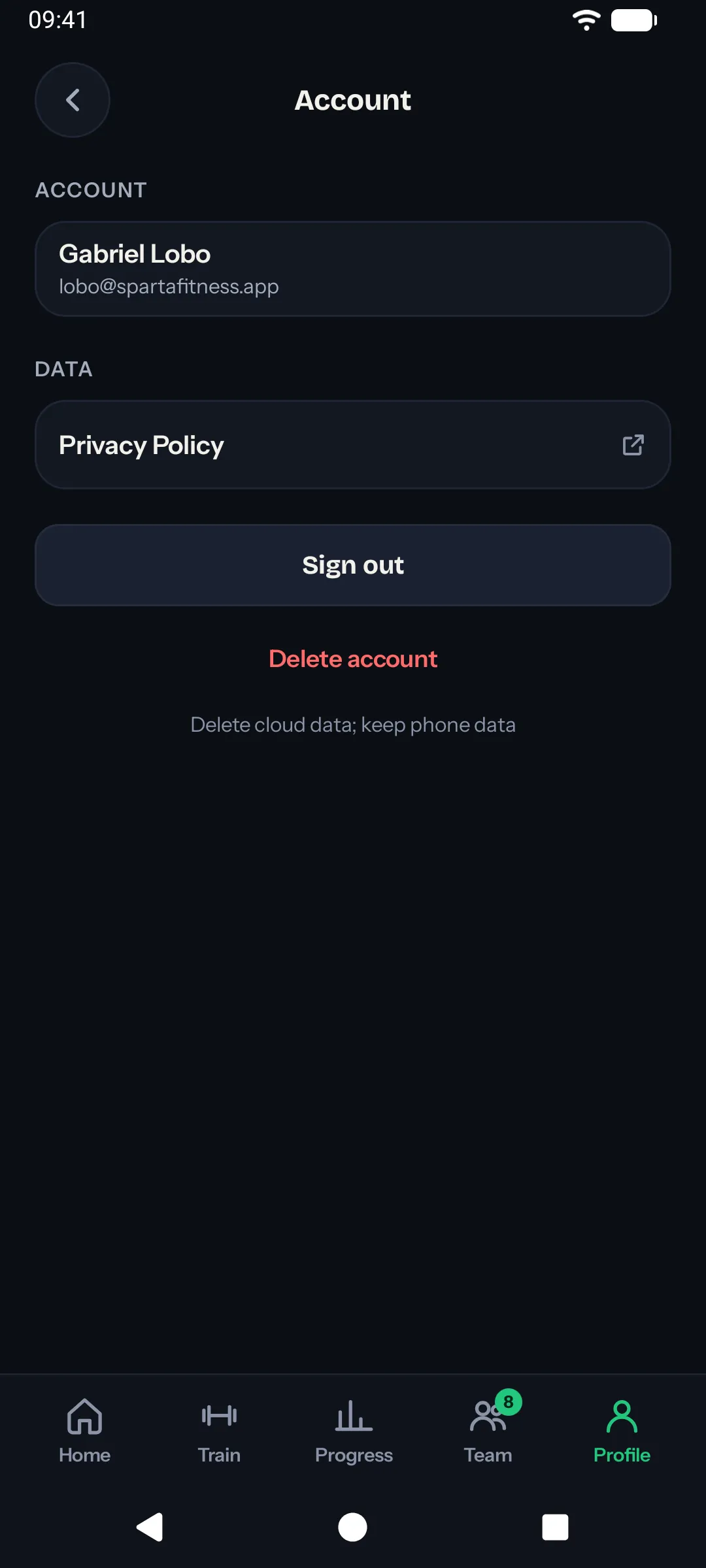 Account settings screen (Android)