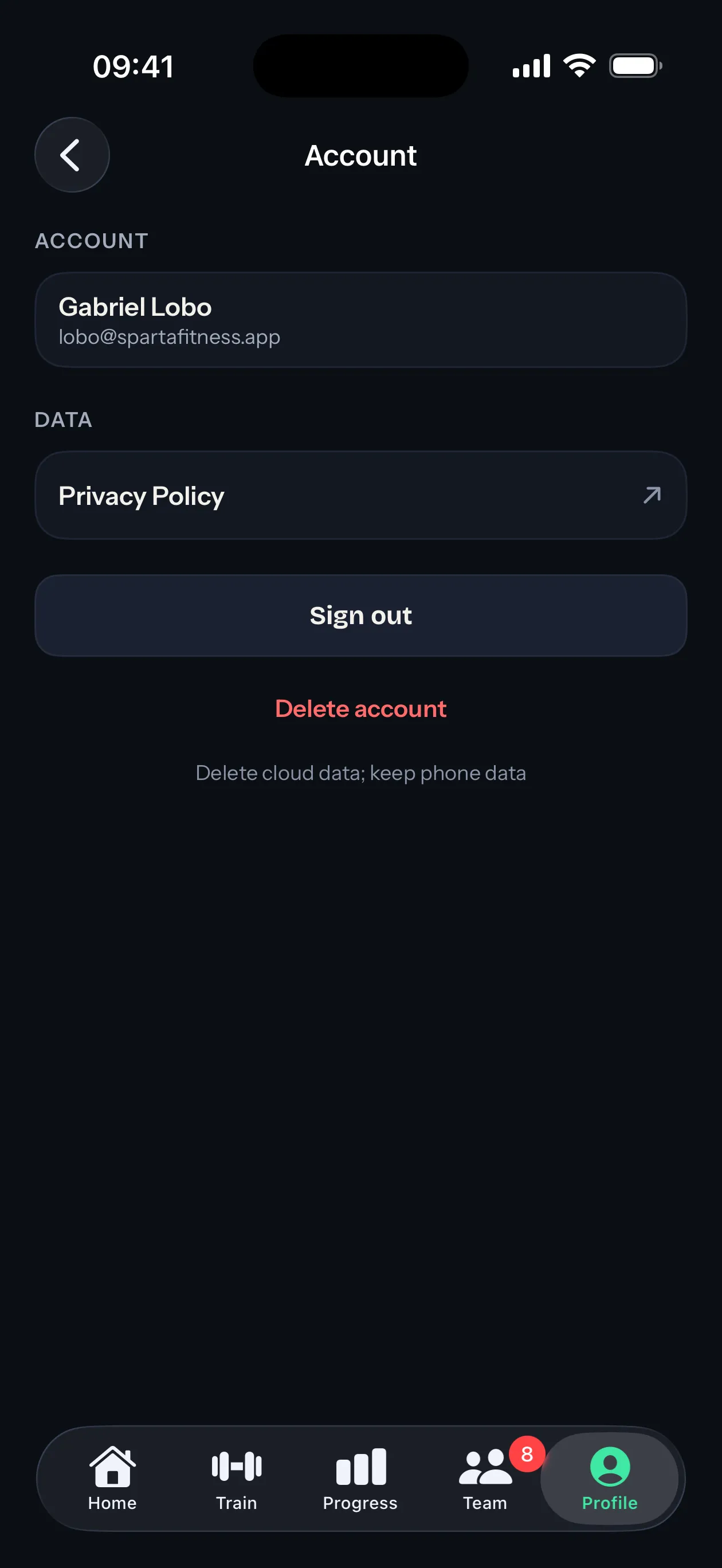 Account settings screen (iOS)