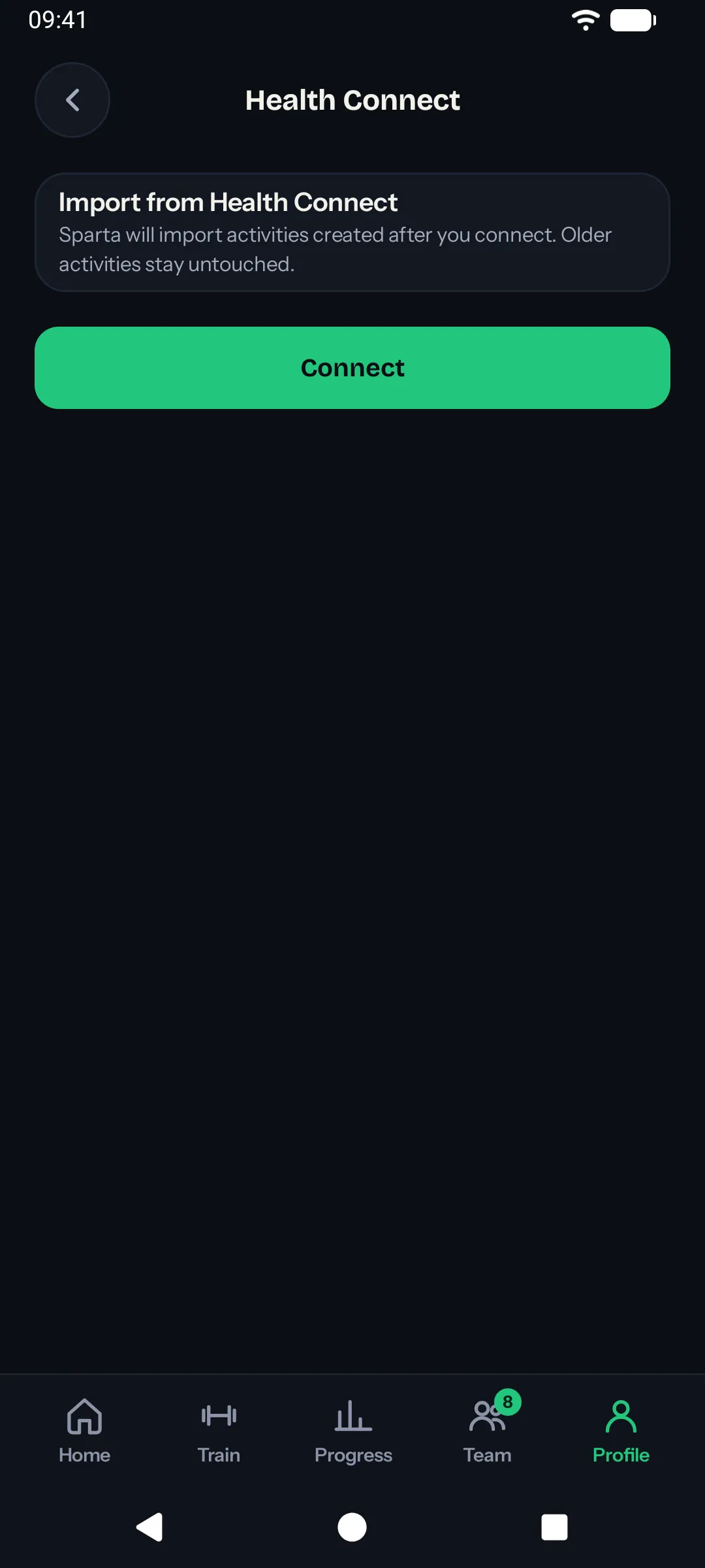 The Apple Health screen in Sparta with a Connect button (Android)