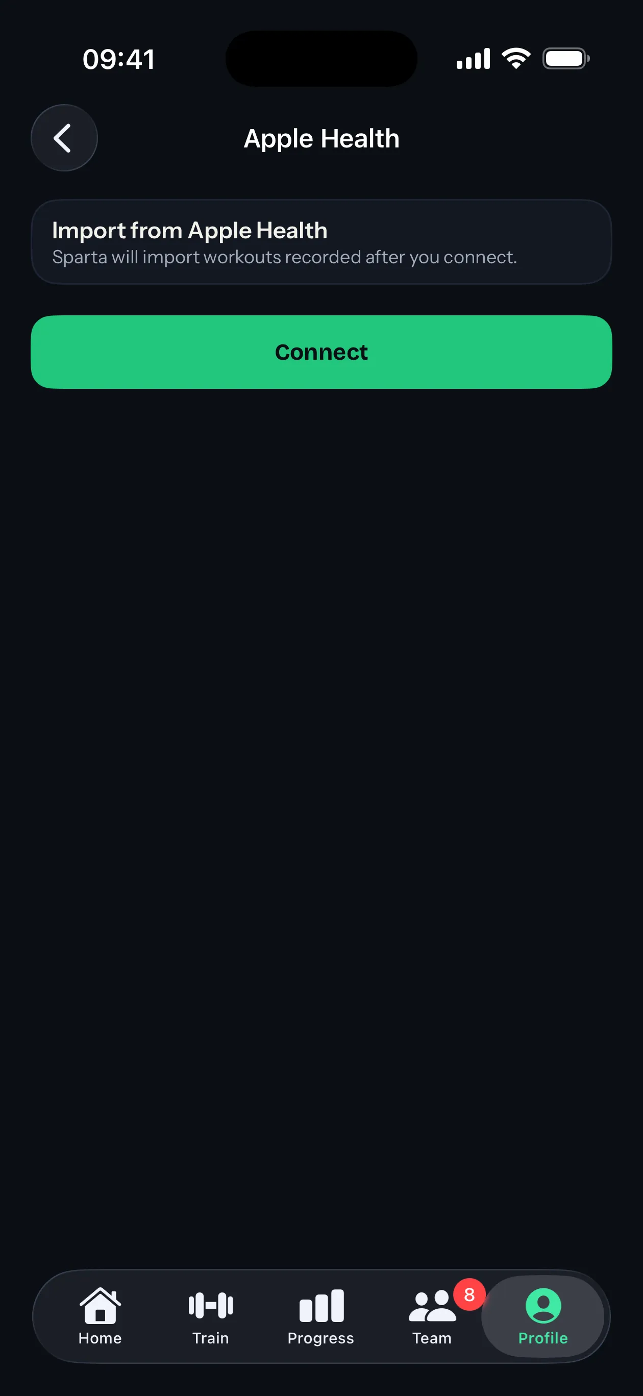 The Apple Health screen in Sparta with a Connect button (iOS)