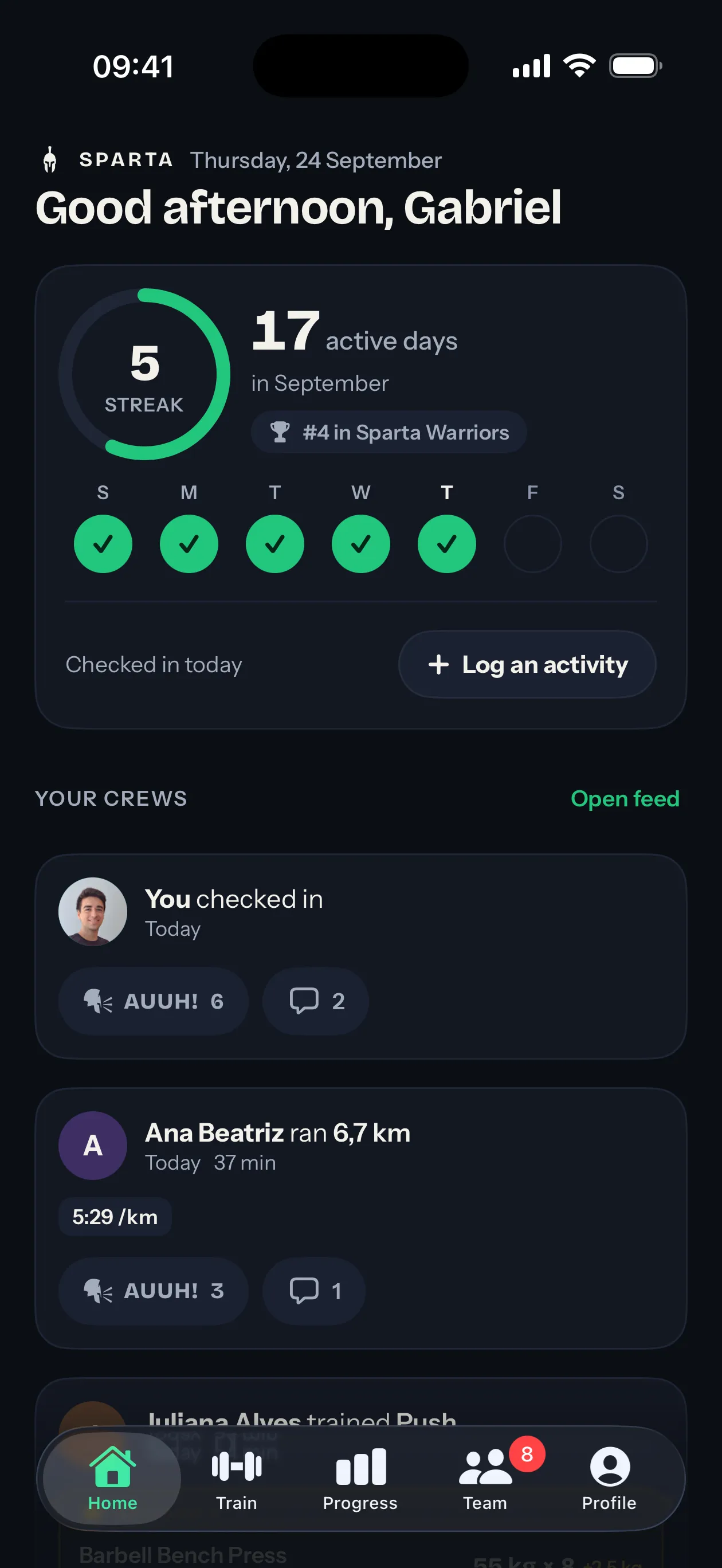 Sparta Fitness Training tab with today's check-in and your workouts