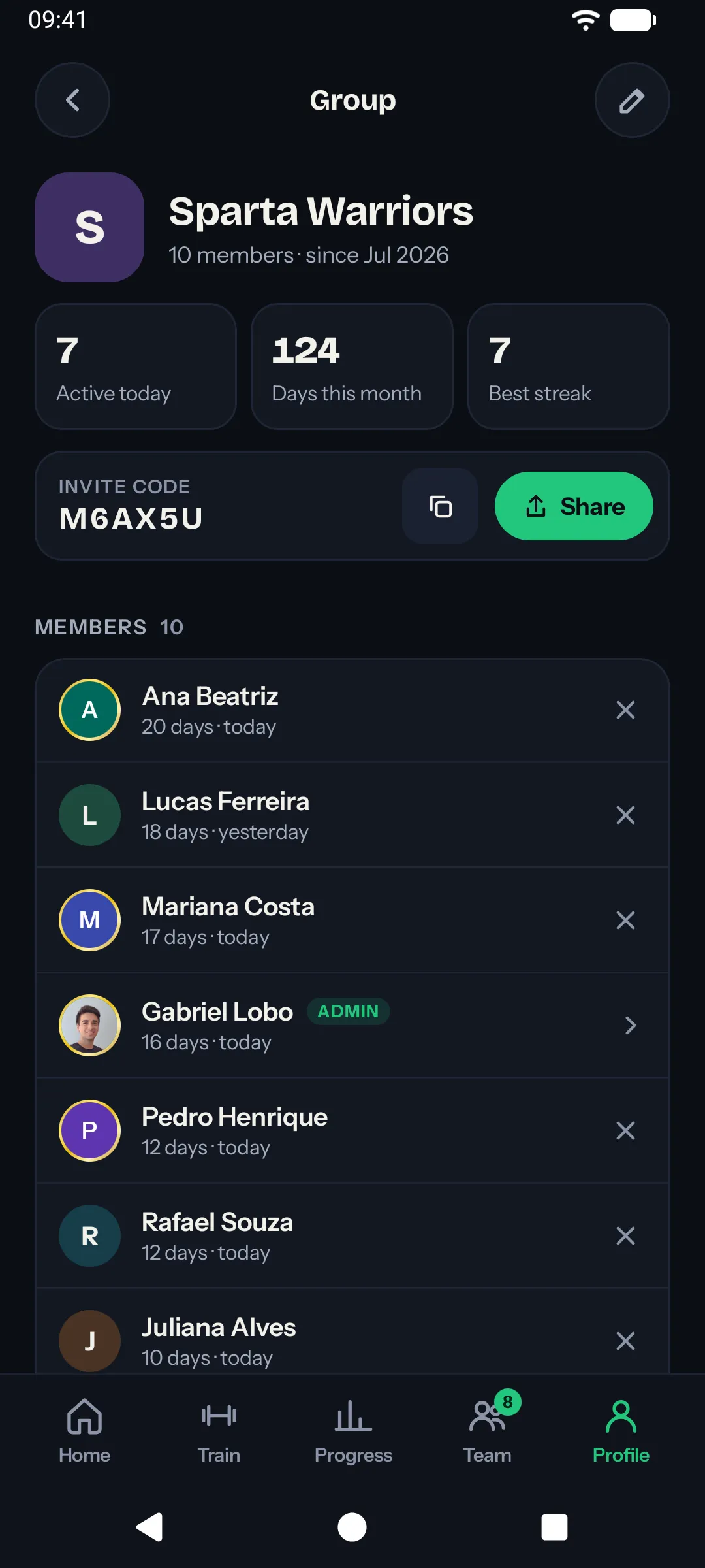 A group page with its invite code, stats and member list (Android)