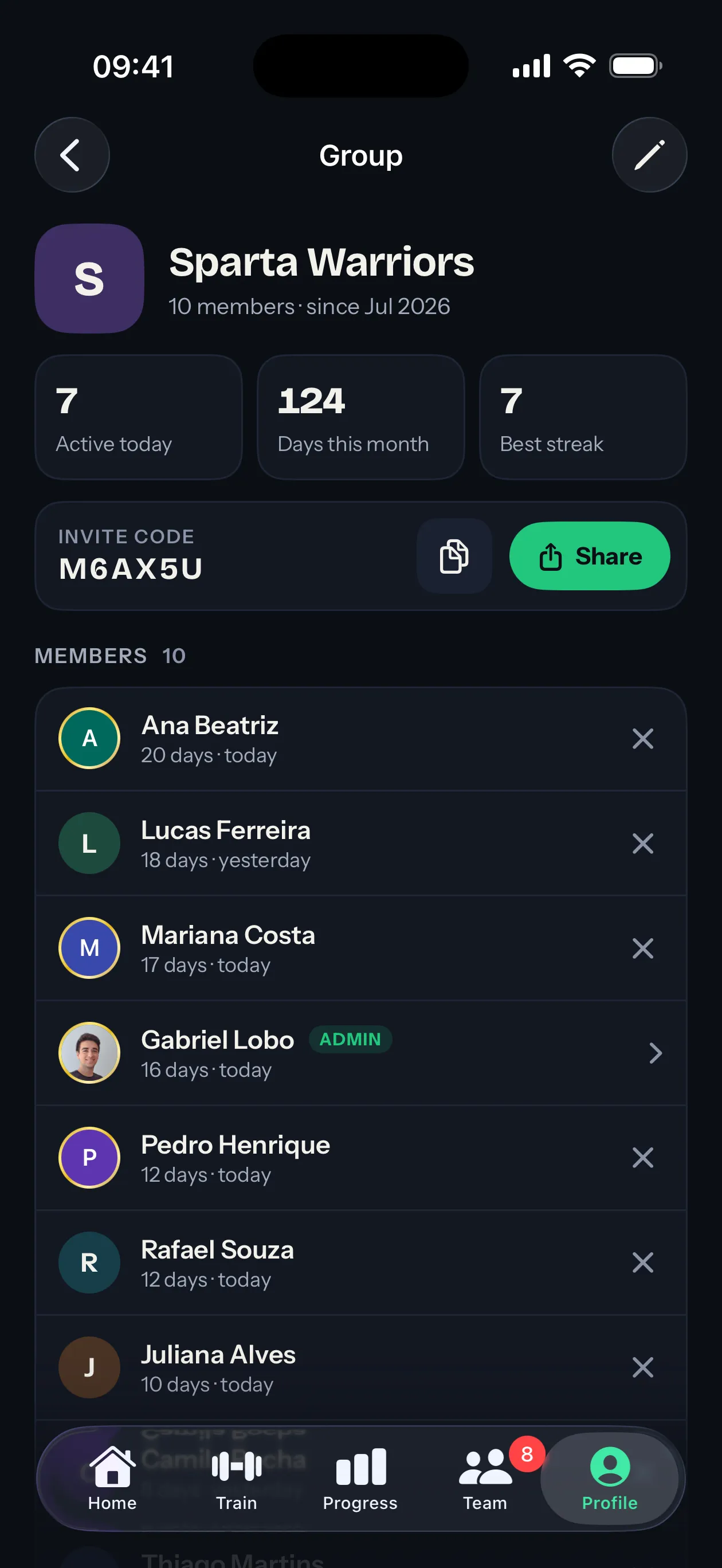 A group page with its invite code, stats and member list (iOS)