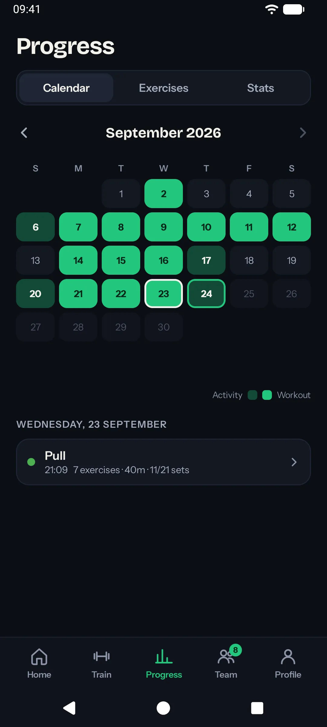 The Progress calendar with active days filled in (Android)