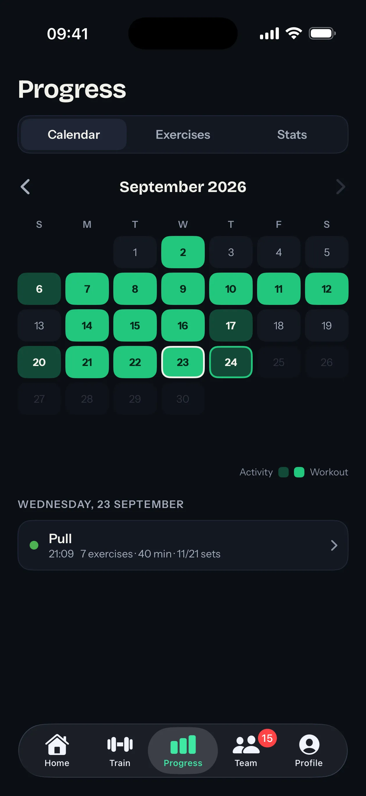 The Progress calendar with active days filled in (iOS)