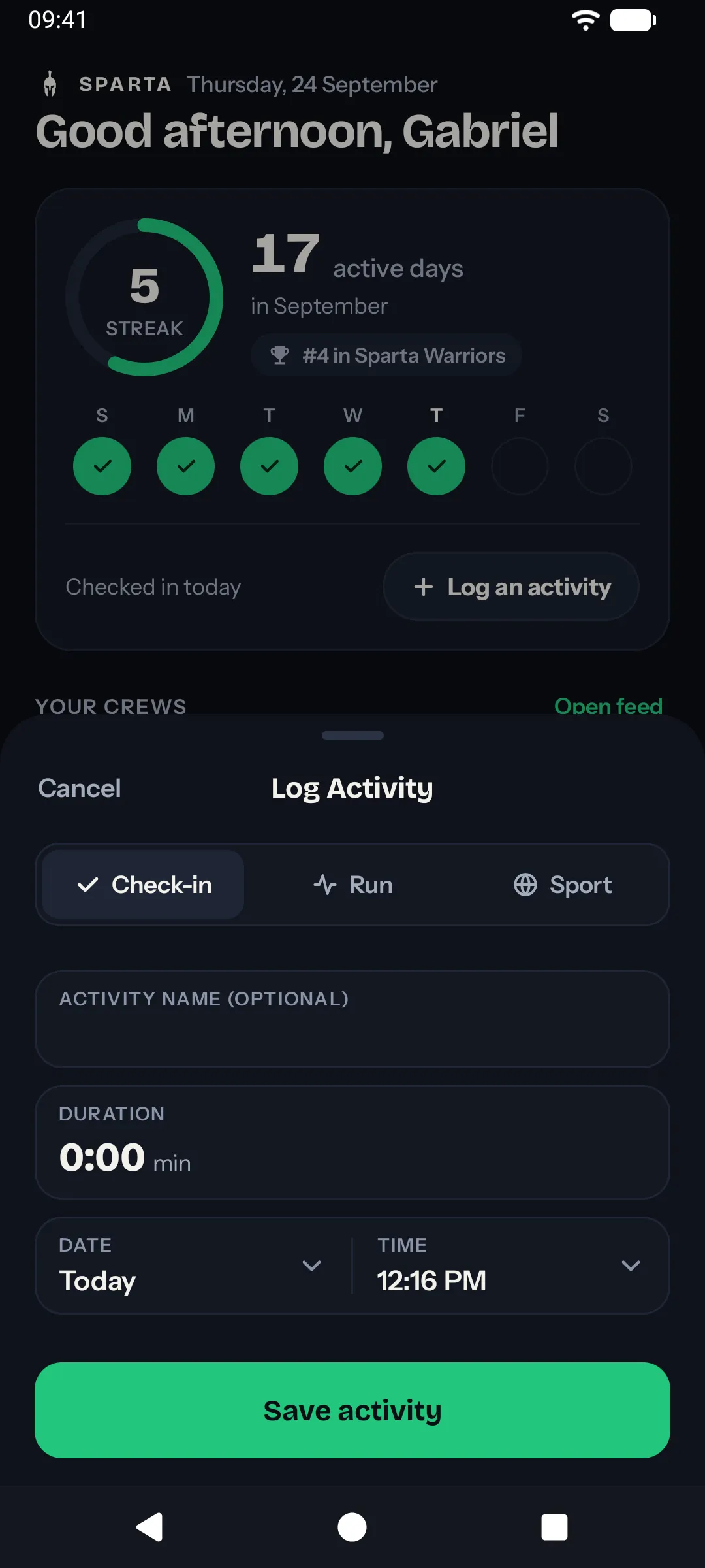 The Log an activity sheet with Check-in, Run and Sport (Android)