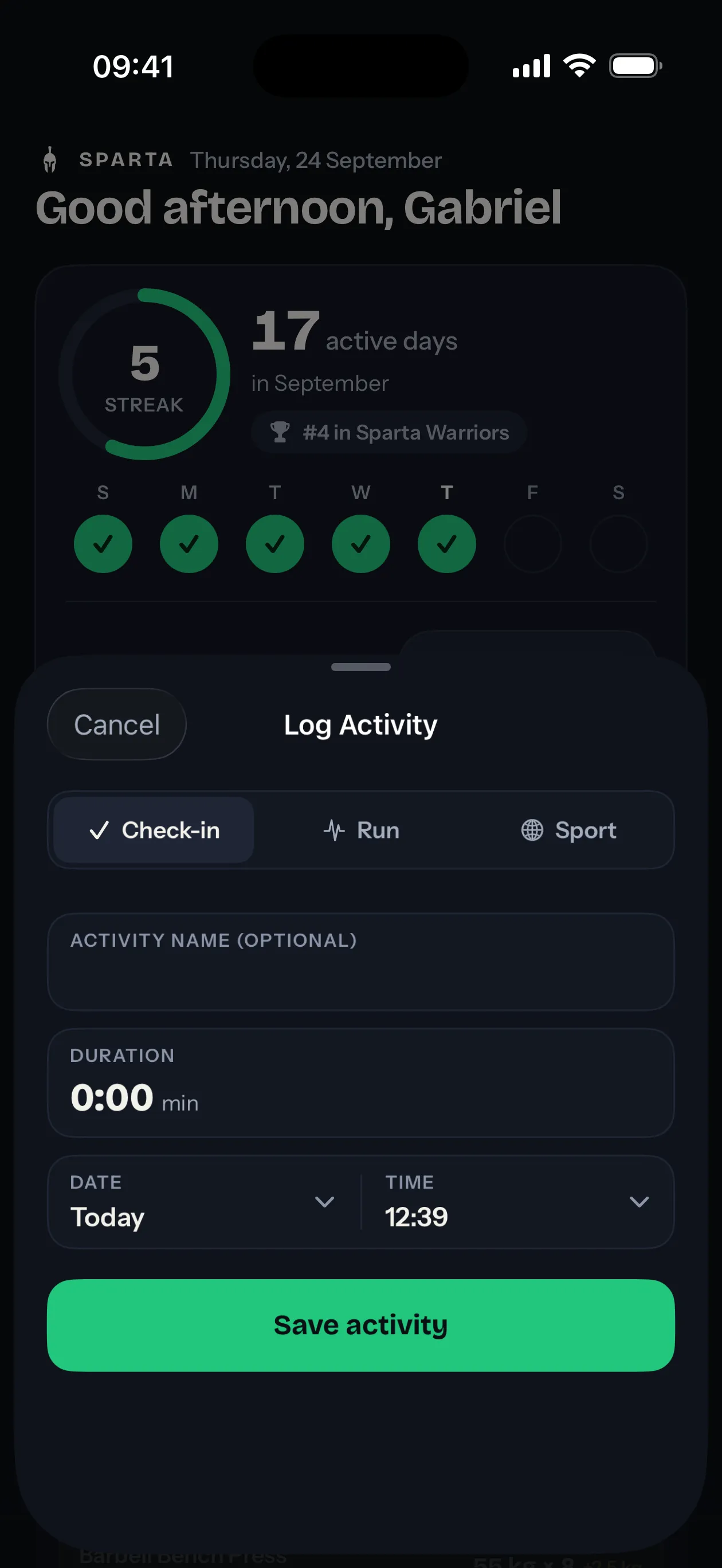 The Log an activity sheet with Check-in, Run and Sport (iOS)