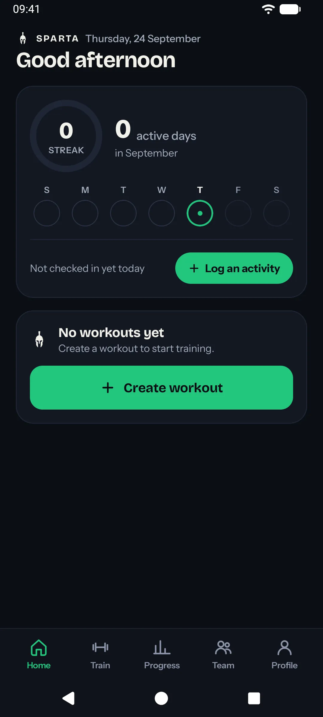 O Início numa instalação nova, com a semana, Registrar atividade e um cartão pra criar o primeiro treino (Android)