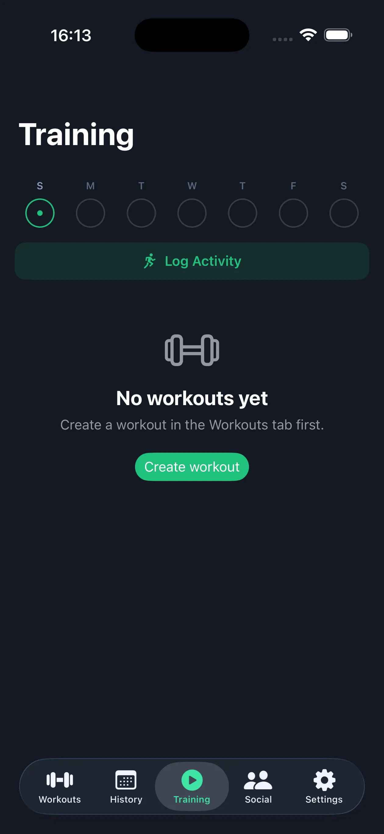 The Training tab on a fresh install, with the weekly check-in row and no workouts yet (iOS)