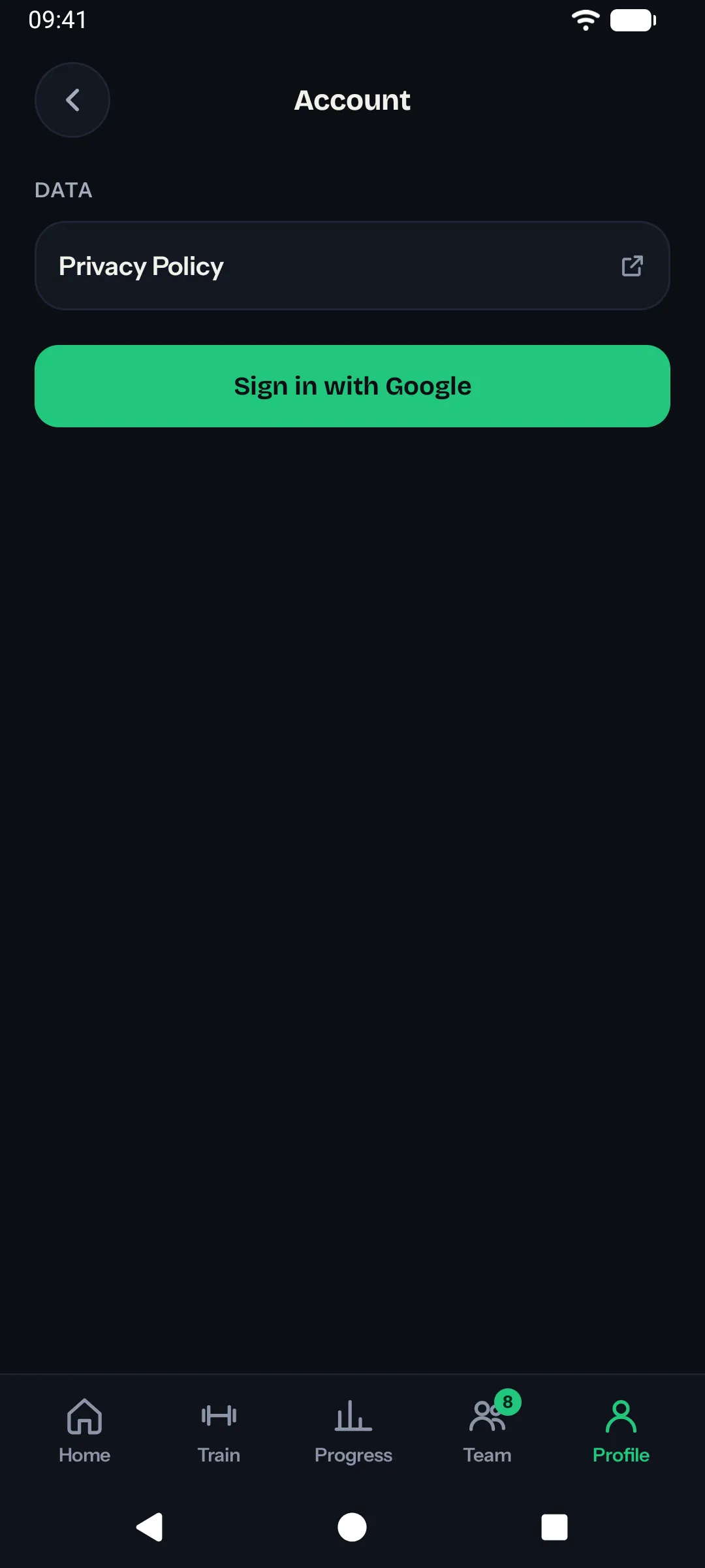 A tela Conta deslogada, com os botões de login (Android)