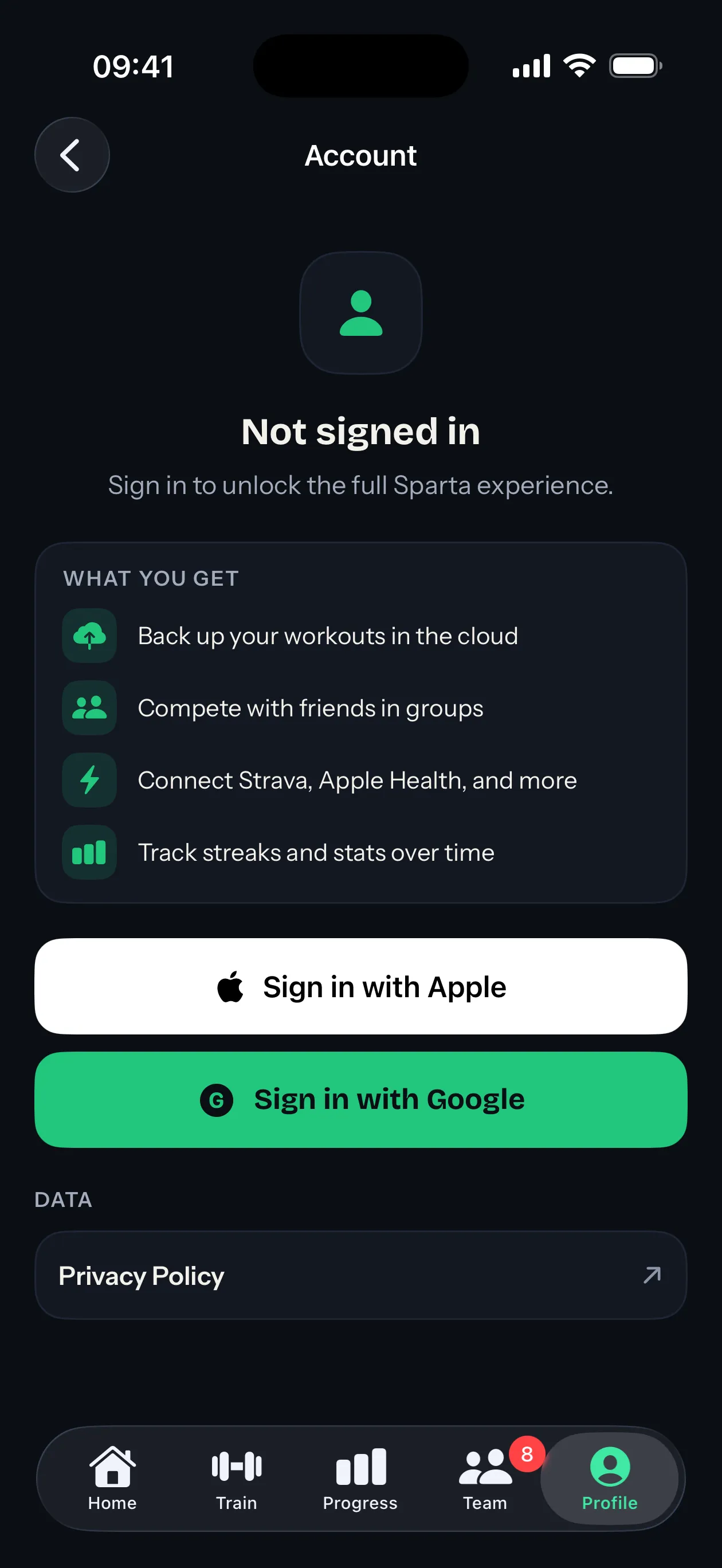 A tela Conta deslogada, com os botões de login (iOS)