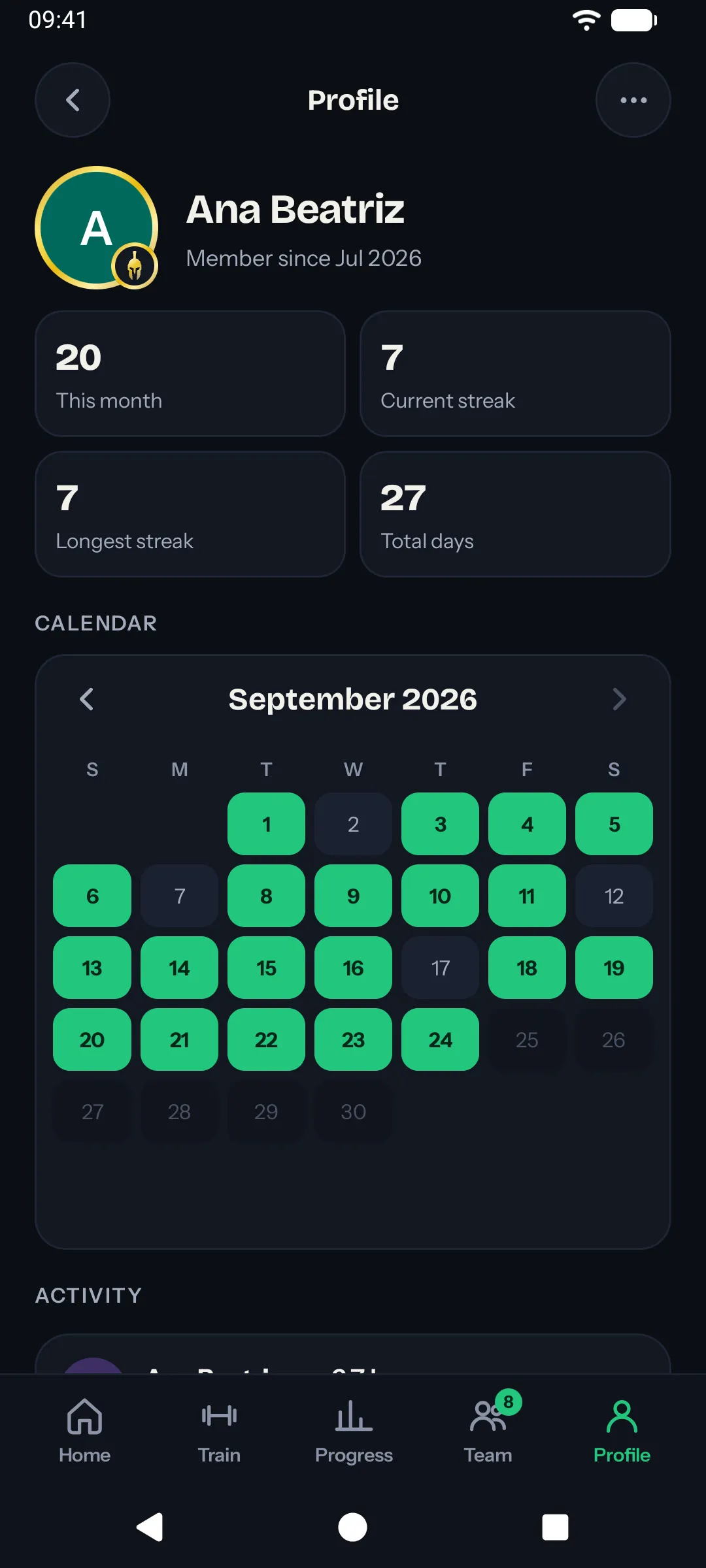 A member profile showing this month's days, current streak, longest streak and total days (Android)