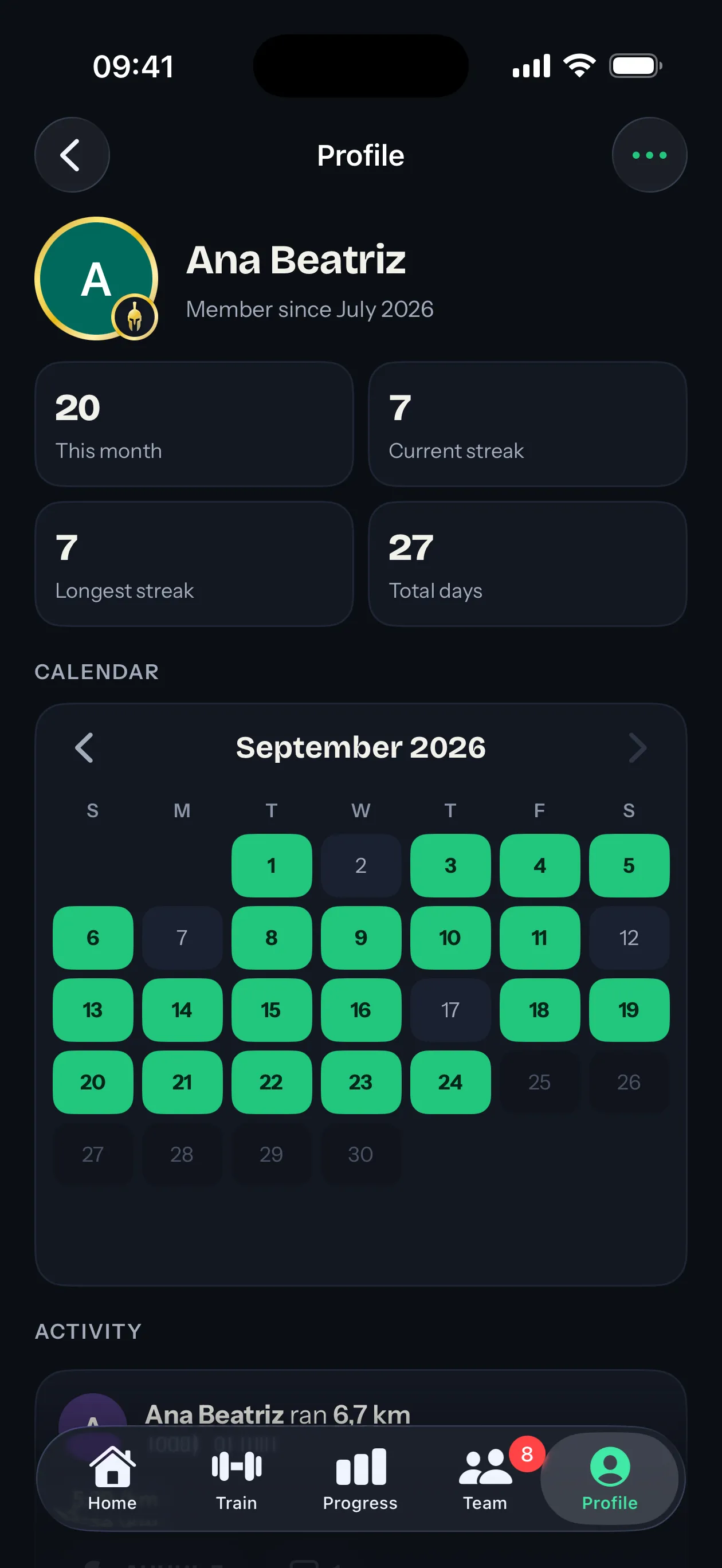 A member profile showing this month's days, current streak, longest streak and total days (iOS)