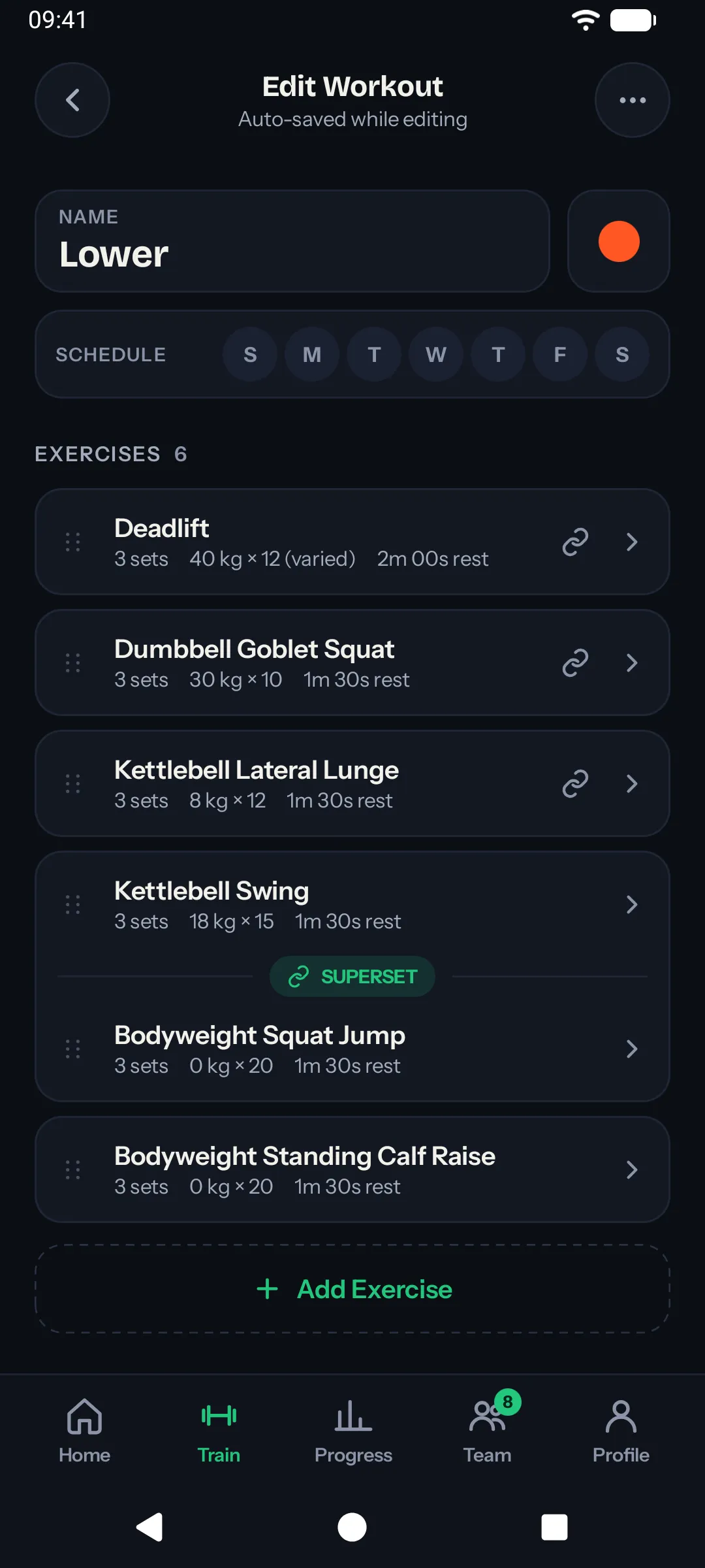 A pair of exercises grouped as a superset in the workout editor (Android)