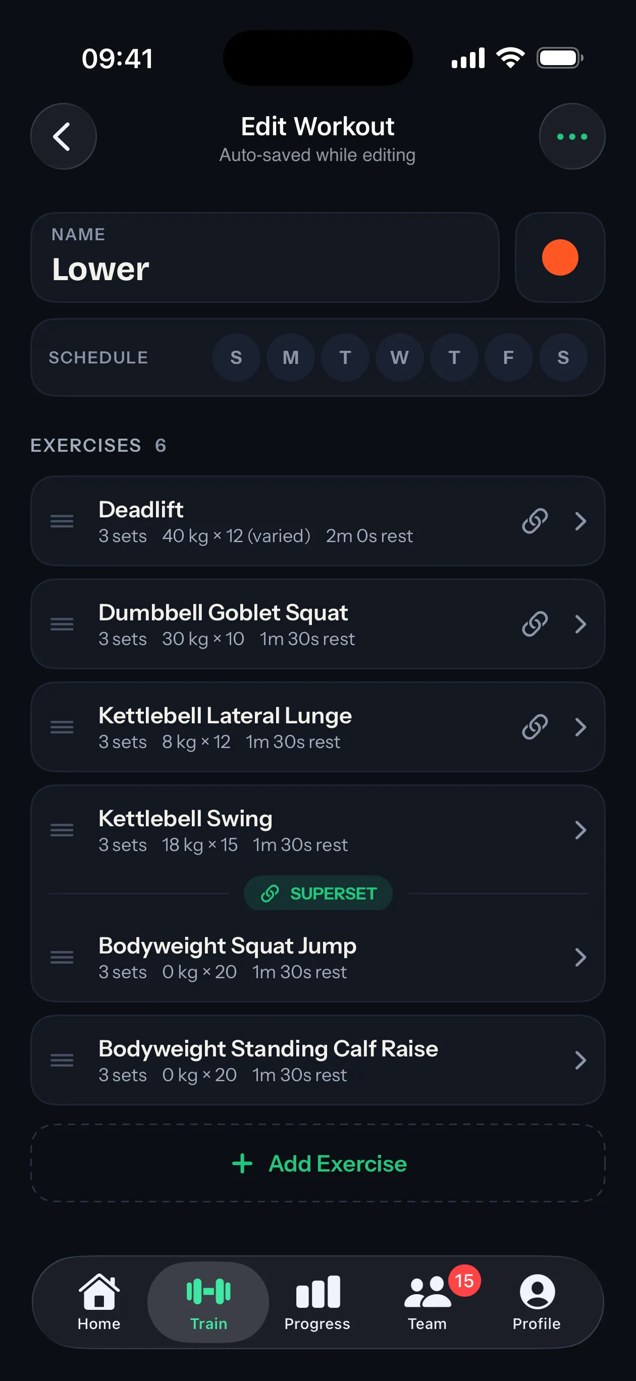 A pair of exercises grouped as a superset in the workout editor (iOS)