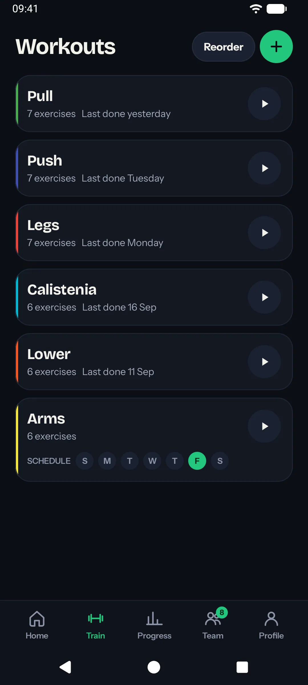 The Train tab with saved workout templates (Android)