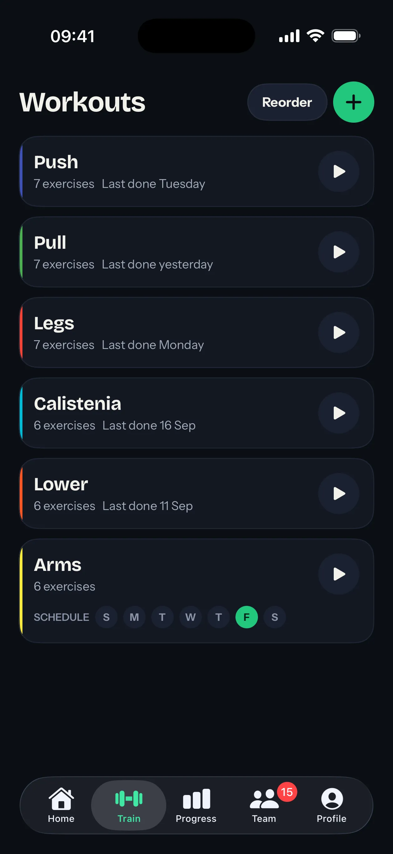 Workouts tab listing workout templates